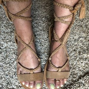 ASOS gladiator beige sandals suede leather laces tied up tan braided ties